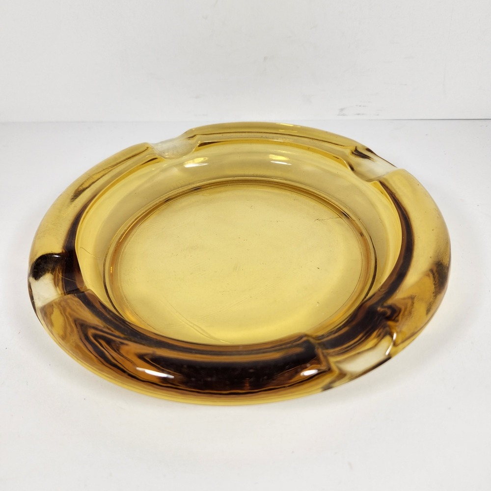 Vintage Amber Glass Ashtray Mid Century Modern Round Honey Gold 7 Inch